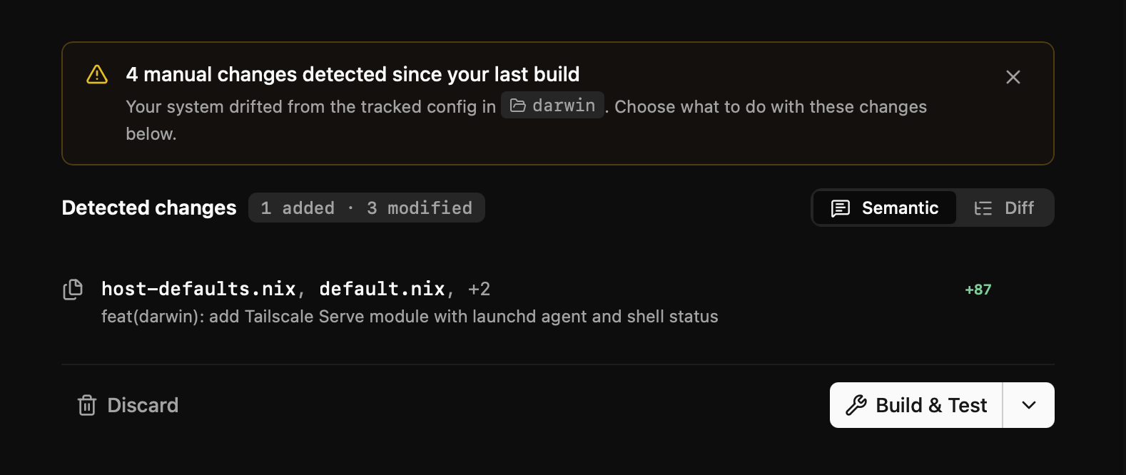Drift review — manual changes detected and grouped for review