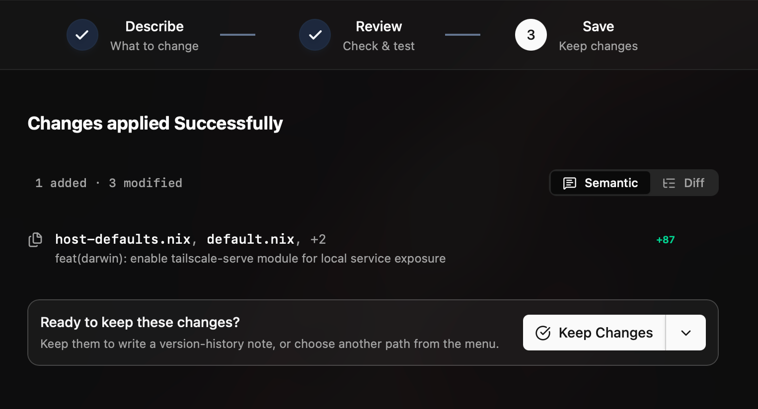 Save step — semantic commit message for the applied changes