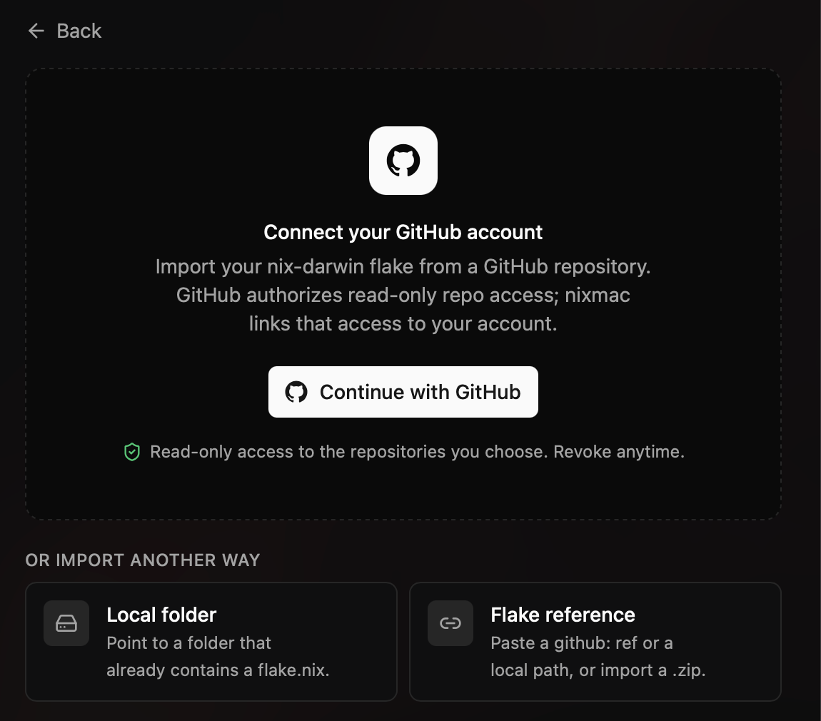Connect your GitHub account — import your existing flake