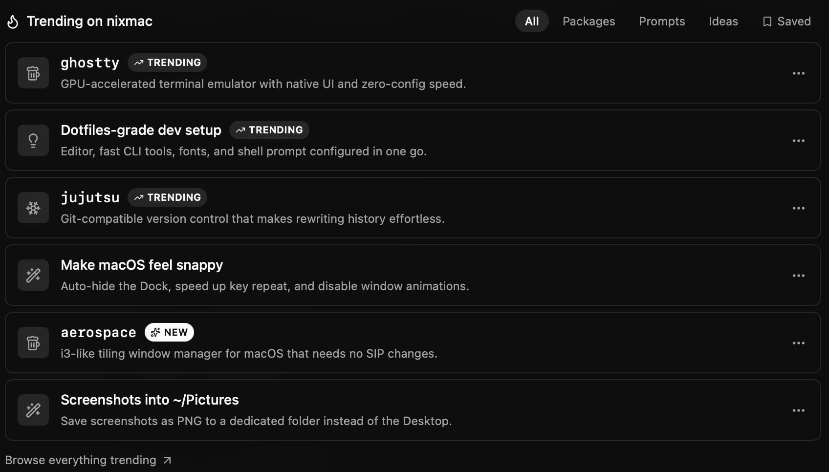 Trending on nixmac — popular packages, prompts, and ideas